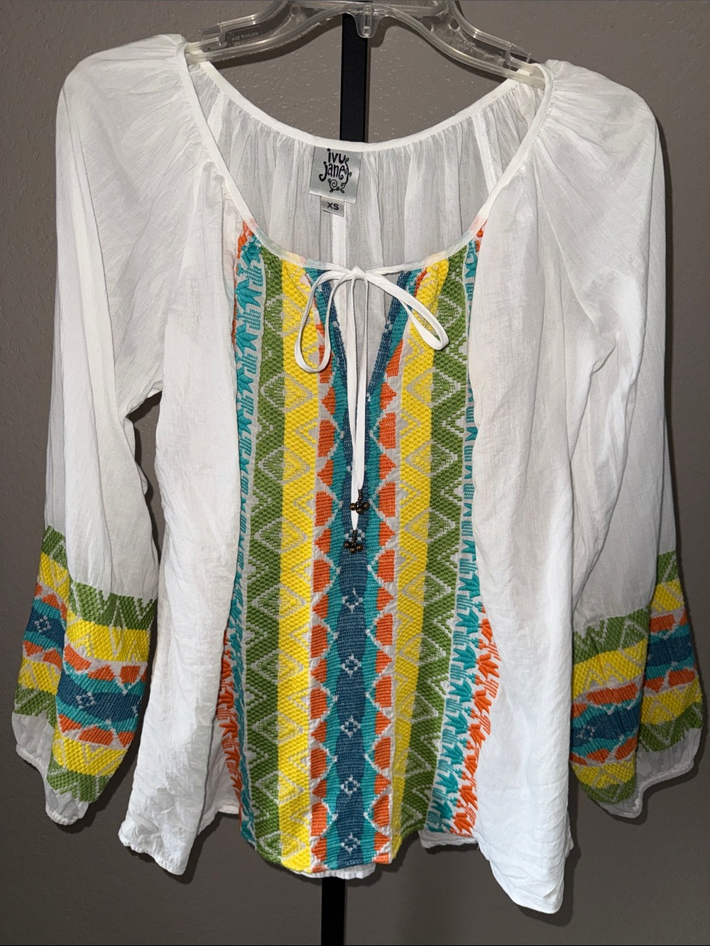 Ivy Jane Embroidered Top with Multicolor Panels and Beaded Ties size XS